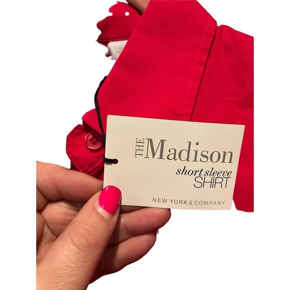 New York & Company Shirt Women's Medium Red Cotton Stretch Ruffle Button-Down - Picture 5 of 5